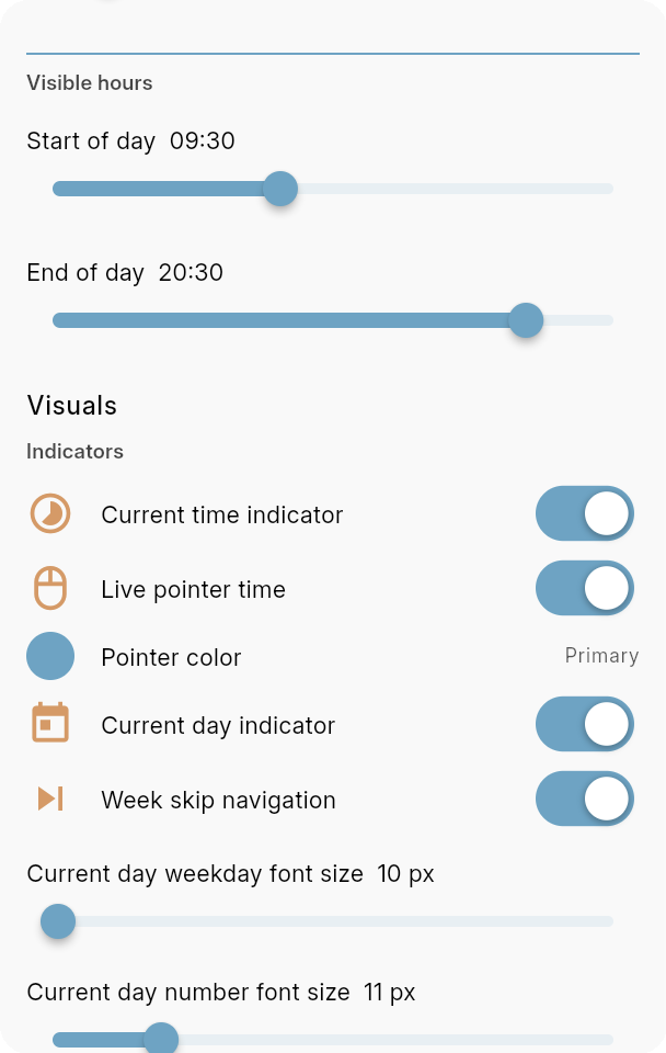 Bookairy Calendar Settings visible hours and visual indicator options Bookairy Calendar Settings visible hours and visual indicator options