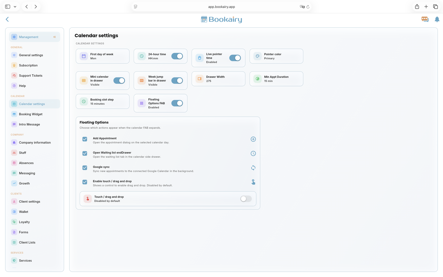 Bookairy calendar settings screen Bookairy calendar settings screen
