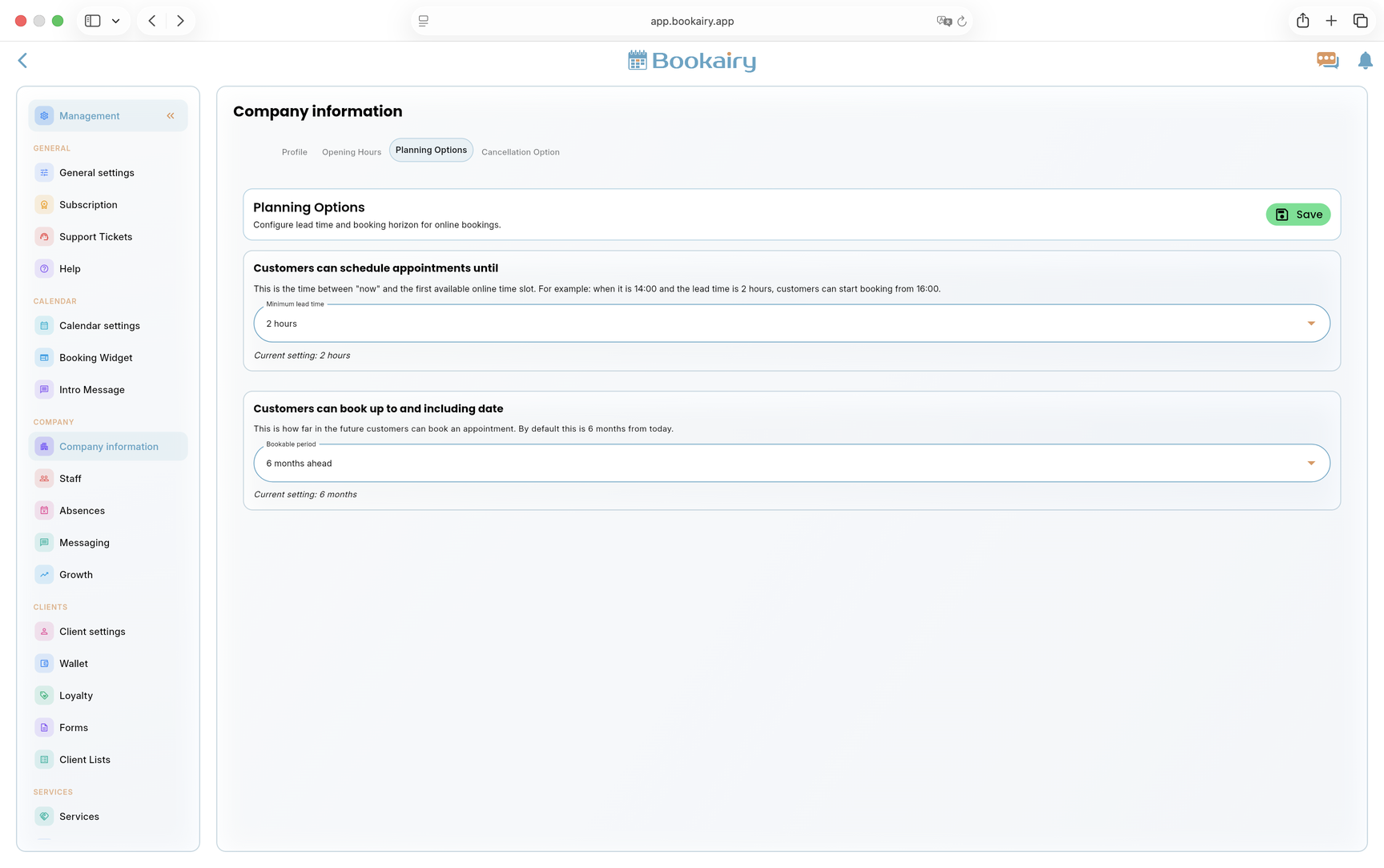 Bookairy planning options screen Bookairy planning options screen