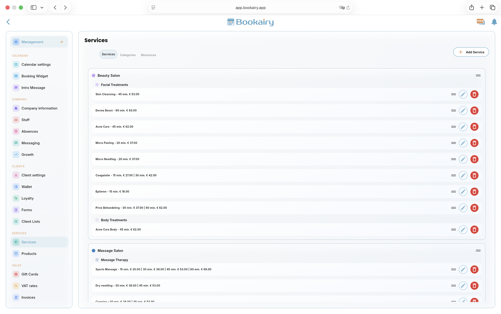 Bookairy services list screen Bookairy services list screen
