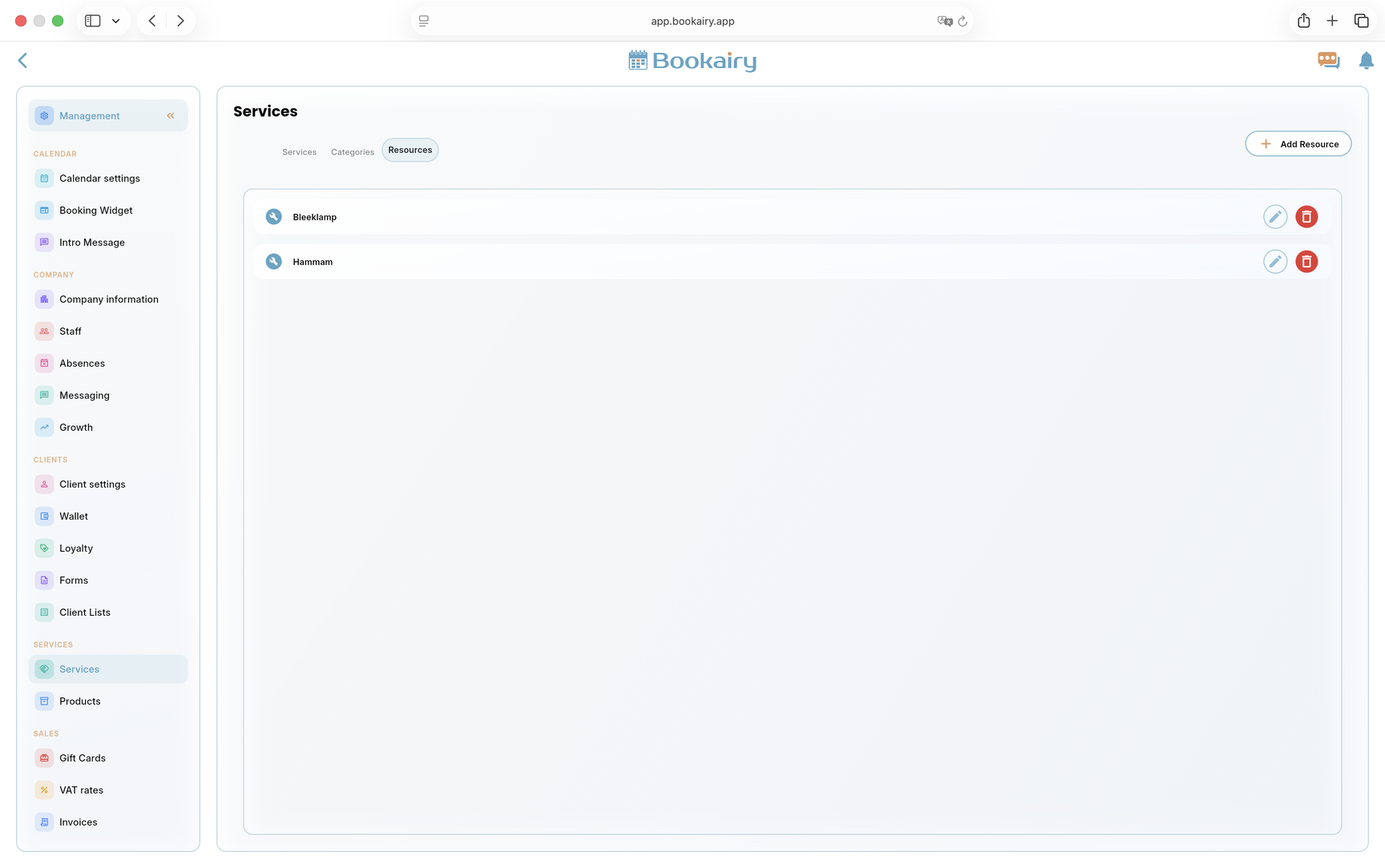 Bookairy service resources screen Bookairy service resources screen