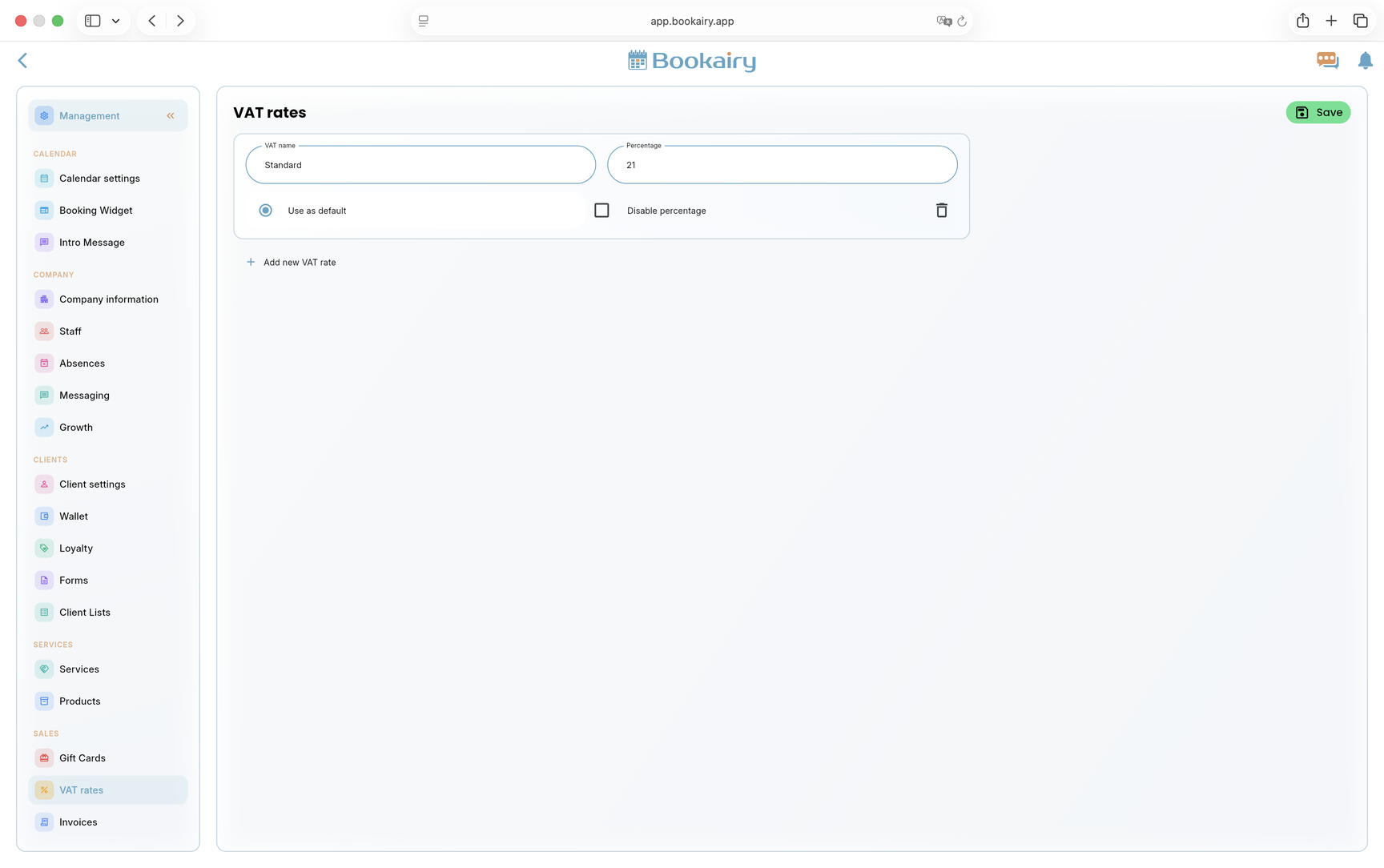 Bookairy VAT rates screen Bookairy VAT rates screen