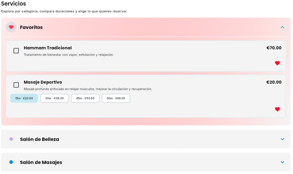 Spanish localised Bookairy booking screen showing services in a public booking flow